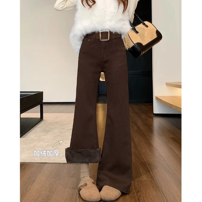 加绒加厚微喇叭牛仔裤女冬季咖色复古休闲裤高腰拖地裤子马蹄长裤