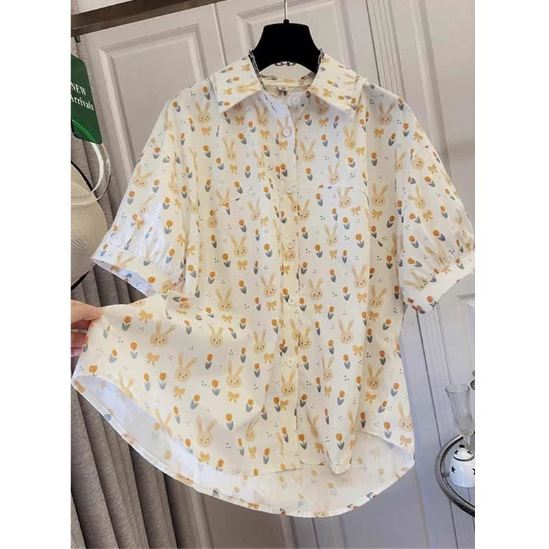 设计感小兔子印花短袖衬衫女夏季大码胖mm宽松休闲外穿上衣潮