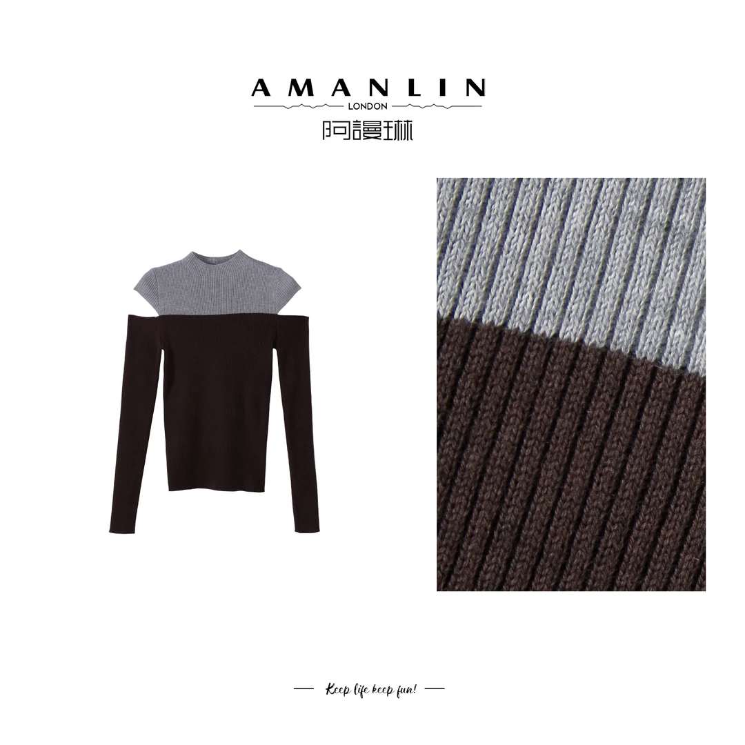 冬季穿搭高领拼接撞色显瘦修身时尚气质上衣F595116