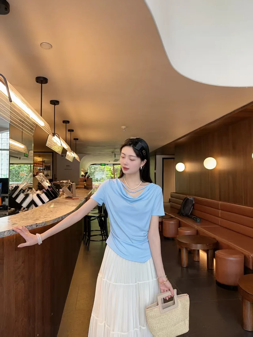 5598【衣长47】荡领短袖T恤女夏2025夏季新款不规则设计感短款正肩