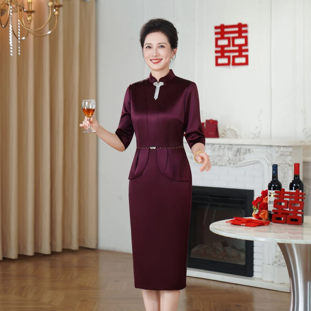 【紫堂】88560A喜婆婆妈妈装假两件连衣裙高贵婚宴礼服2025春秋新品