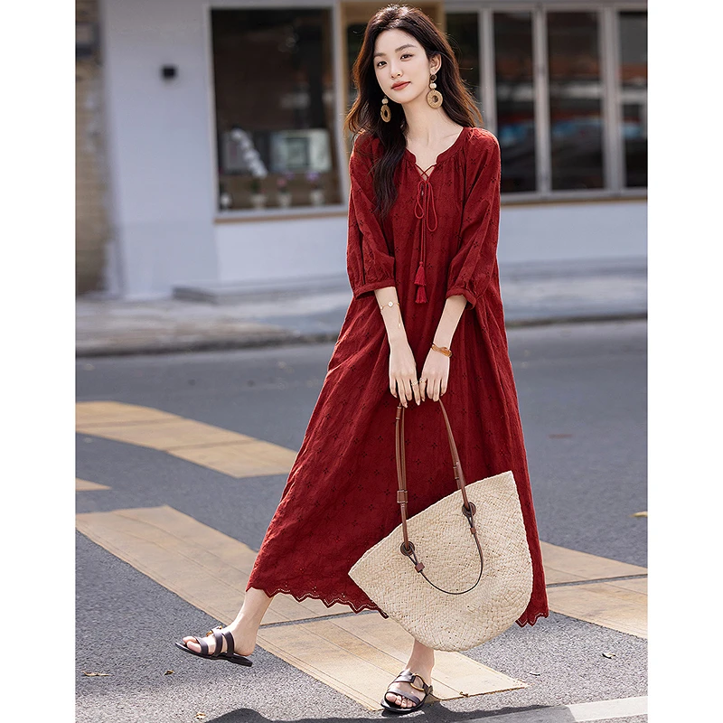 【伍老师专属】德·玛纳清新纯棉水溶蕾丝刺绣流苏棉绳荷叶边连衣裙