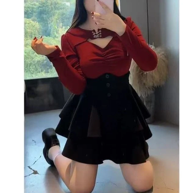 小九推荐性感蚂蚁腰镂空褶皱显瘦半身裙两件套1256-2