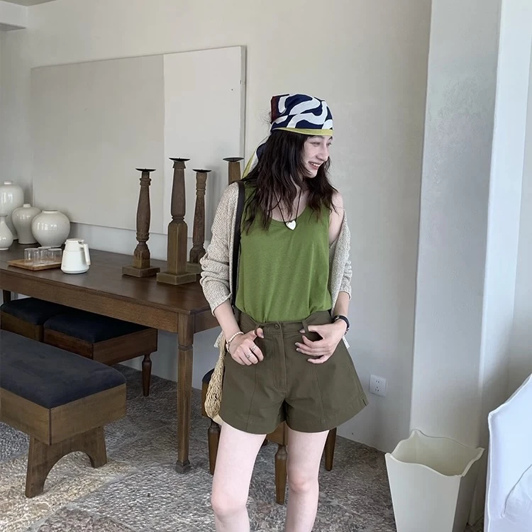 2506165百搭显白纯色高腰纯棉短裤减龄阔腿时尚25春夏新款