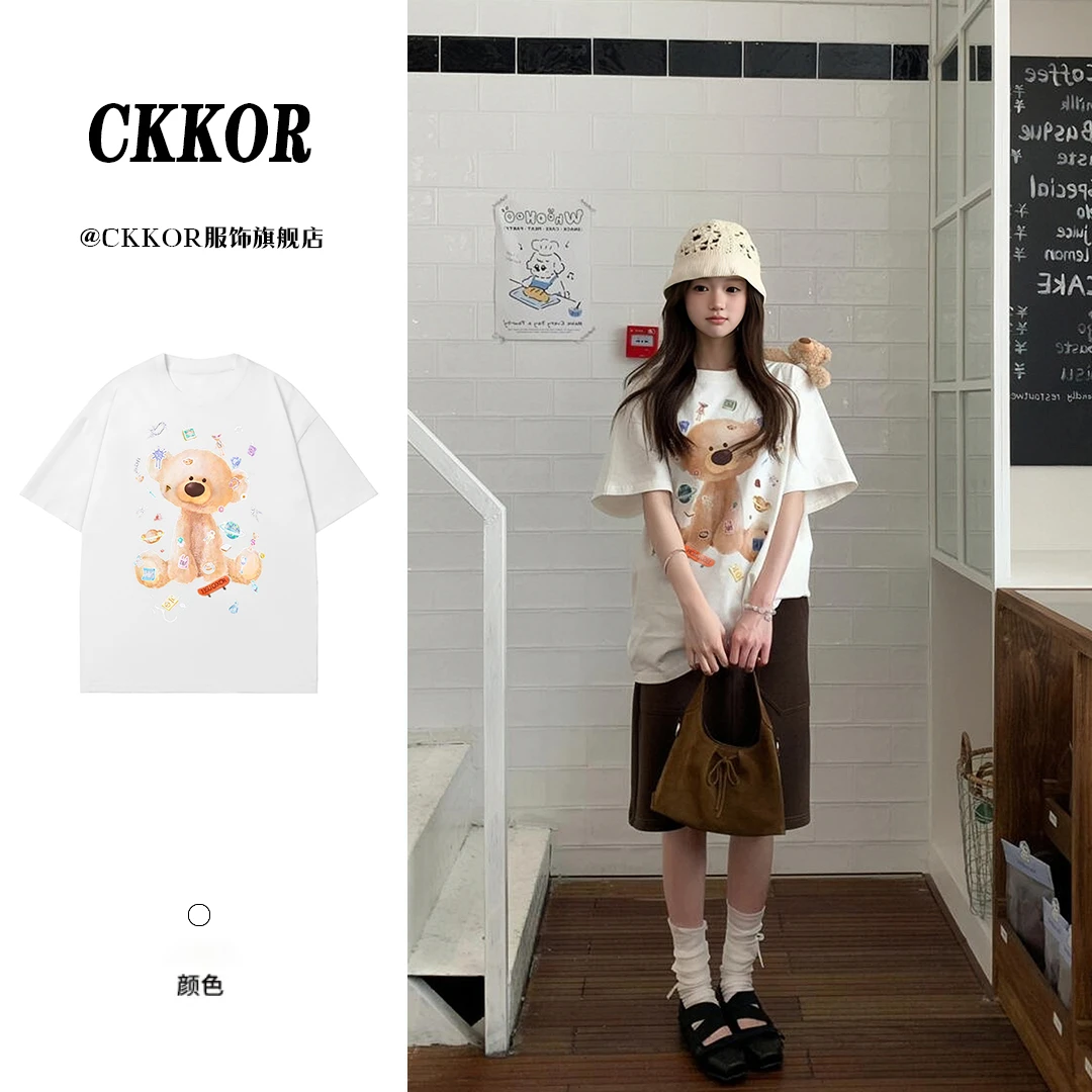 CKKOR夏季宽松显瘦短袖女纯棉圆领休闲百搭小众高级感简约卡通t恤