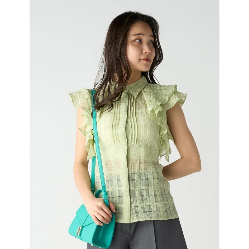 【胖虎家】 夏季新款 L 时尚甜美小飞袖格纹收腰翻领衬衫