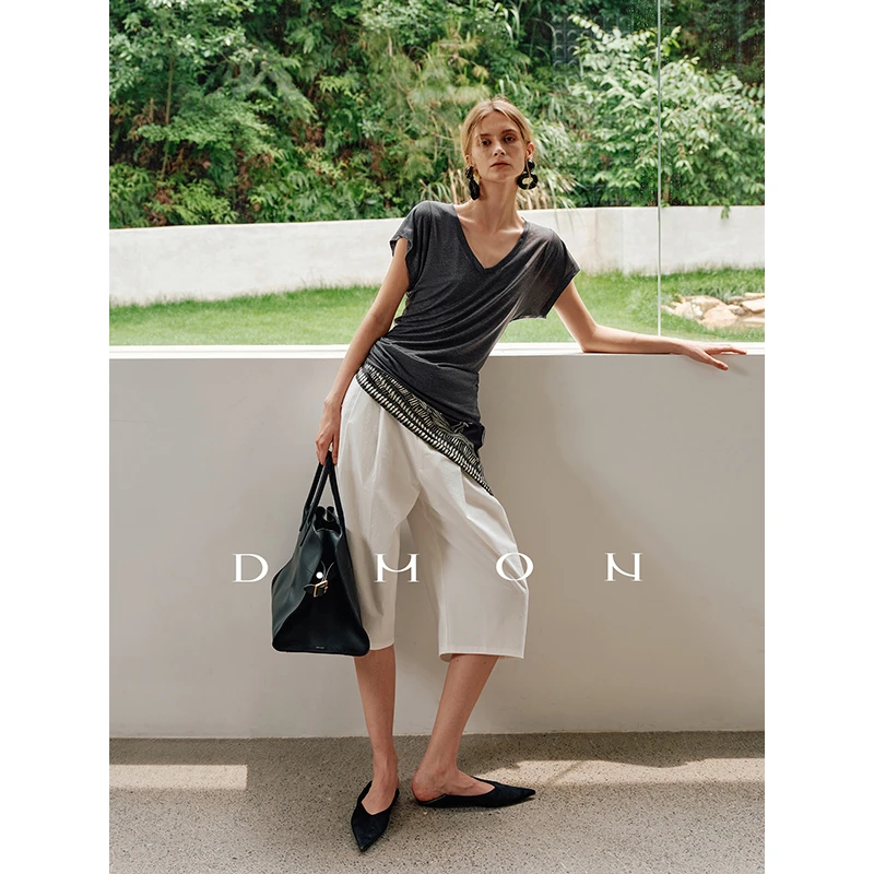 DMON实穿显瘦_轻薄透感醋酸V领小飞袖长款T恤A2505308