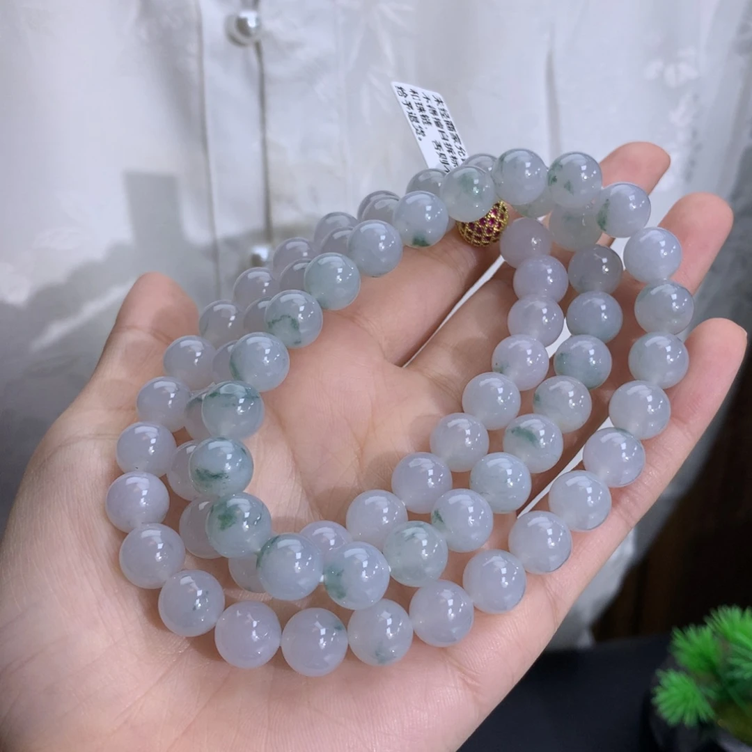 翡翠未镶嵌手串卡9.6冰润白底飘绿花