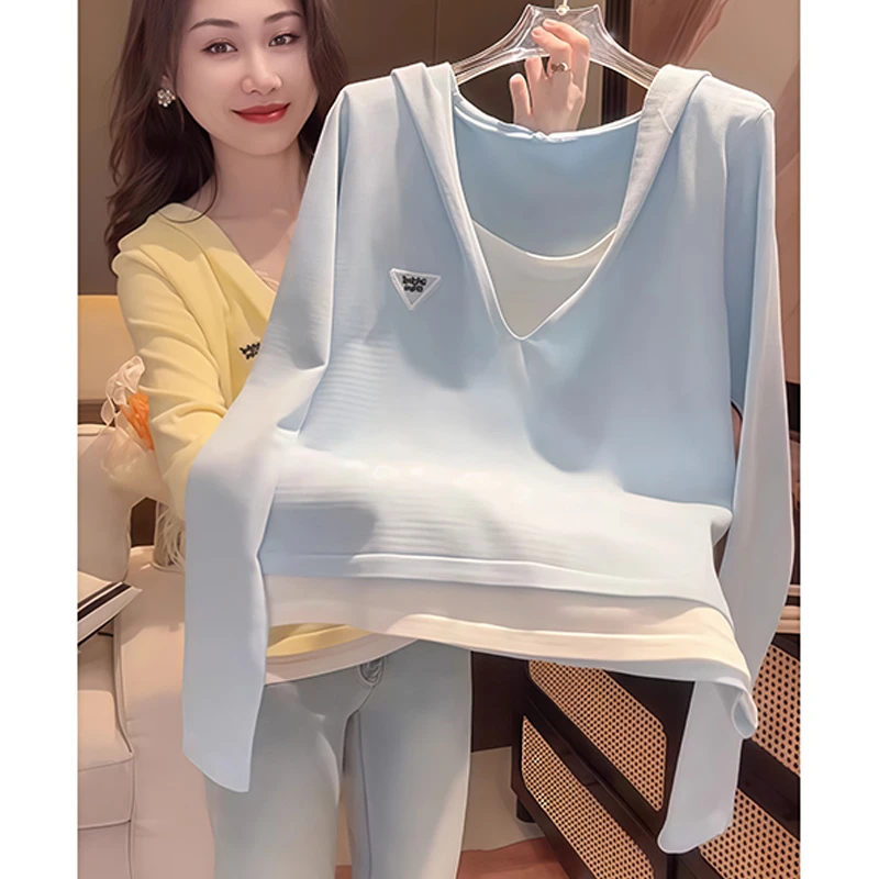 韩系2025春季新款女时尚百搭显瘦假两件针织休闲连帽拼接长袖上衣