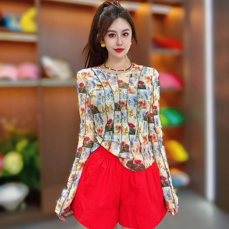 长袖碎花百搭T恤圆领水洗性感复古浪漫风显瘦时尚修身上衣打底衫