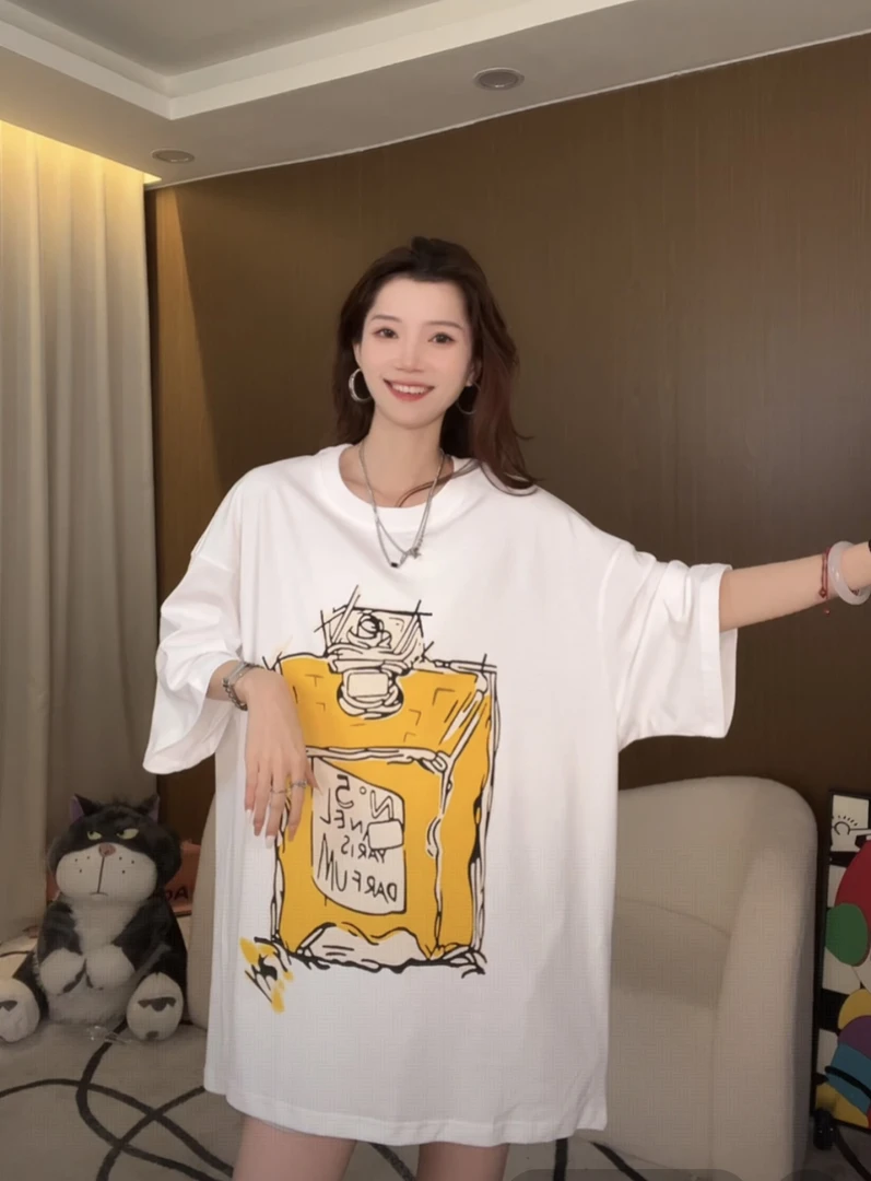 2025年夏季新款卡通印花休闲宽松百搭遮屁股大版T恤60009