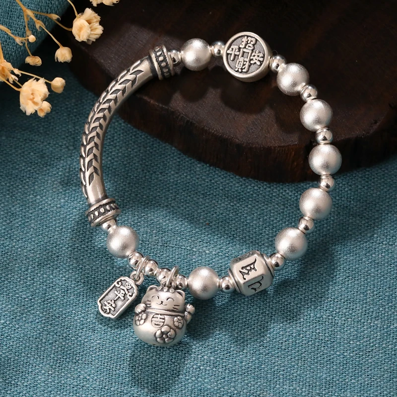 足银手链 7m古法银珠手串招财猫足银999手链女麦穗半镯款百搭送礼