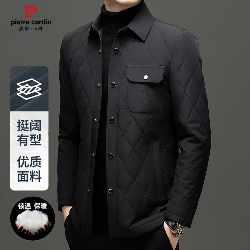 皮尔卡丹男士新款高档商务休闲翻领棉袄保暖轻薄款防寒服男装外套