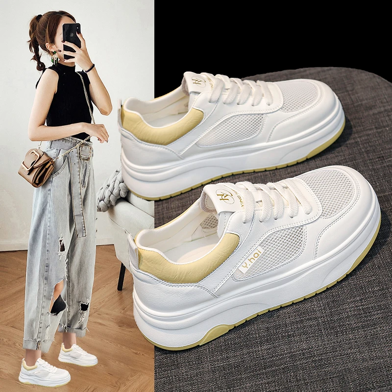爆款网面透气小白鞋女2025夏季新款百搭厚底增高薄款运动休闲板鞋