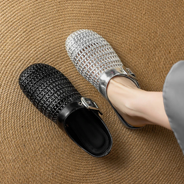 （牛皮/2.5厘米）时尚包头半拖鞋女外传春秋款编织圆头低跟凉拖鞋