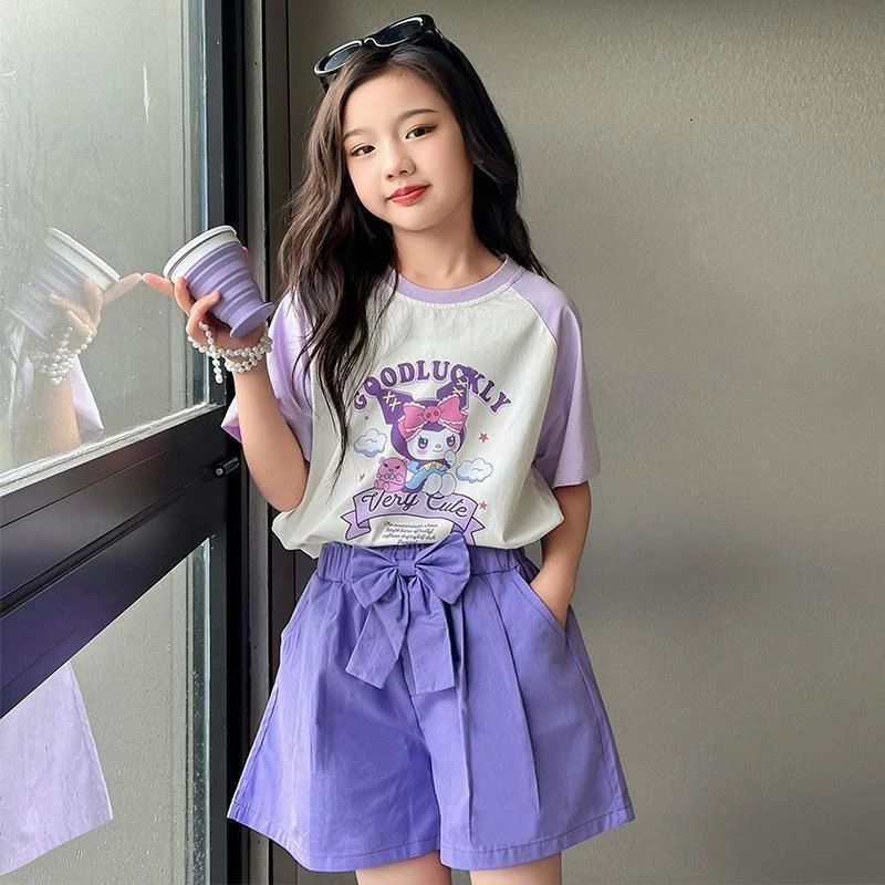 女童休闲套装卡通短袖T恤夏季新款中大童洋气时尚短袖短裤两件套