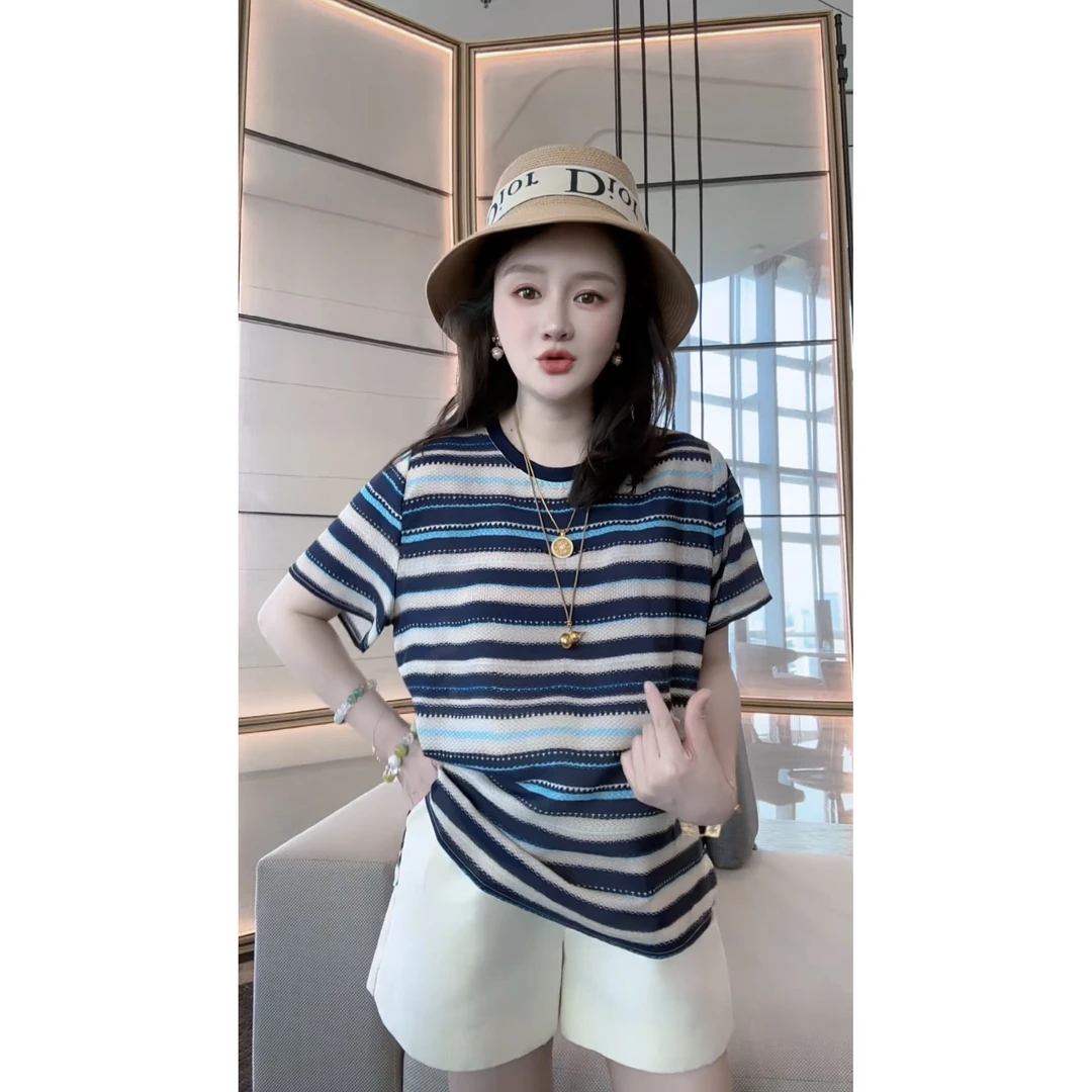 【丝芙玉禄】（F978）真丝双绉蓝色条纹气质时尚显瘦桑蚕丝t恤上衣