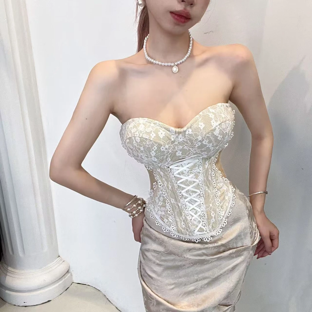 25803-（带胸垫）蕾丝少女新款提花法式真鱼骨复古高级感鱼骨抹胸