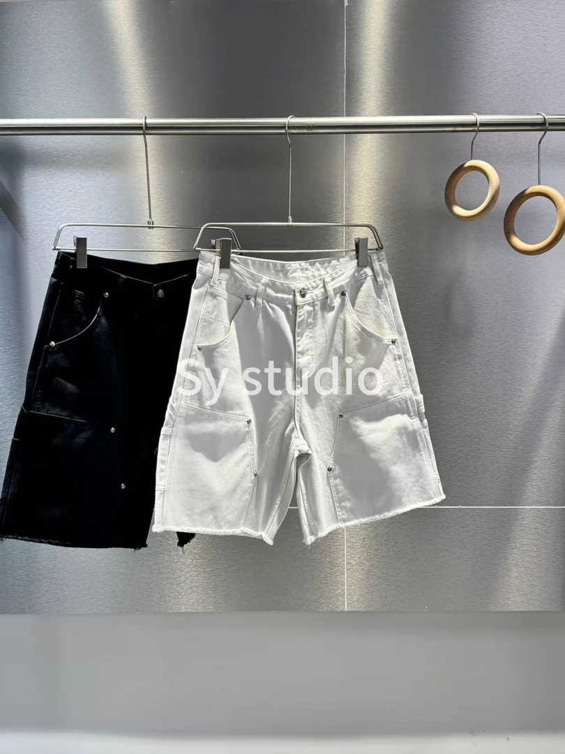 SY复古松弛感铆钉毛边牛仔短裤潮牌纯棉工装多口袋五分裤9512
