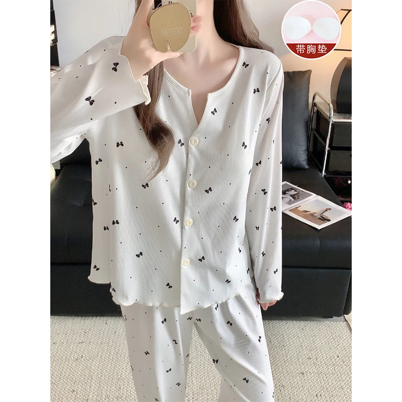 冰丝螺纹睡衣女款春秋季长袖带胸垫2025新款甜美高级感家居服套装