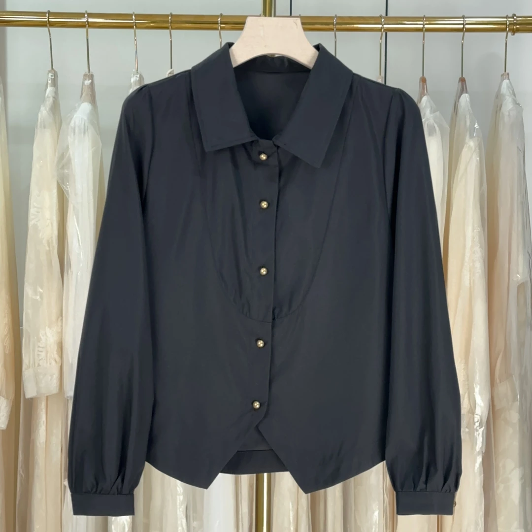 高级感法式Polo领黑色长袖衬衫女士春秋新款百搭显瘦通勤开叉衬衣