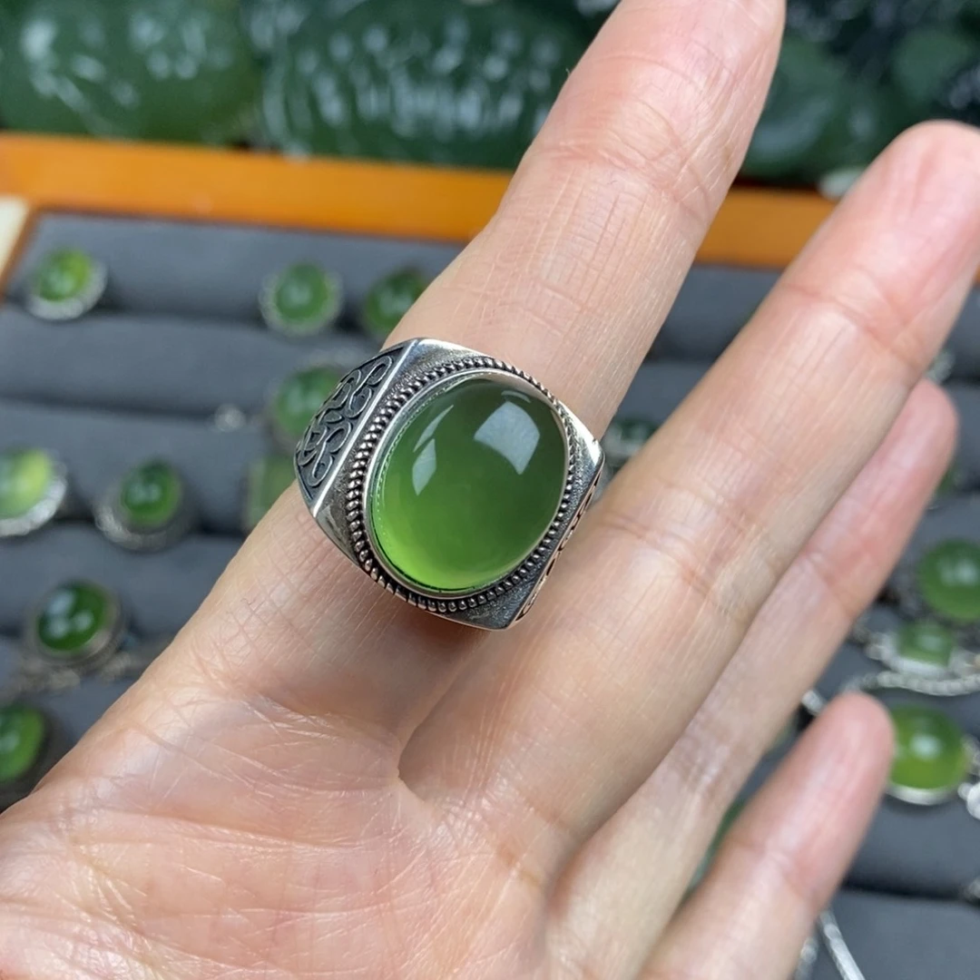 岫玉银S925镶嵌戒指天***情戒指