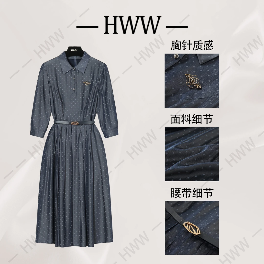 【赫尔温】星空蓝波点连衣裙优雅气质修身收腰连衣裙DHZFF50144