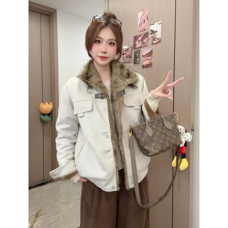 美式毛领拼接立领麂皮绒棉衣加绒加厚宽松夹克男女外套