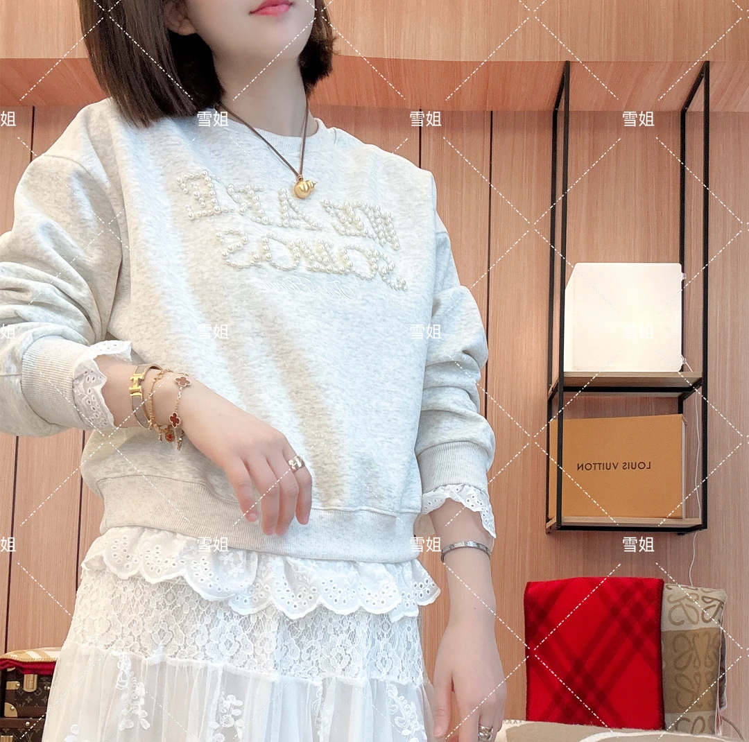 雪姐服饰「花边钉珠卫衣」韩版重工钉珠拼接蕾丝卫衣圆领百搭上衣