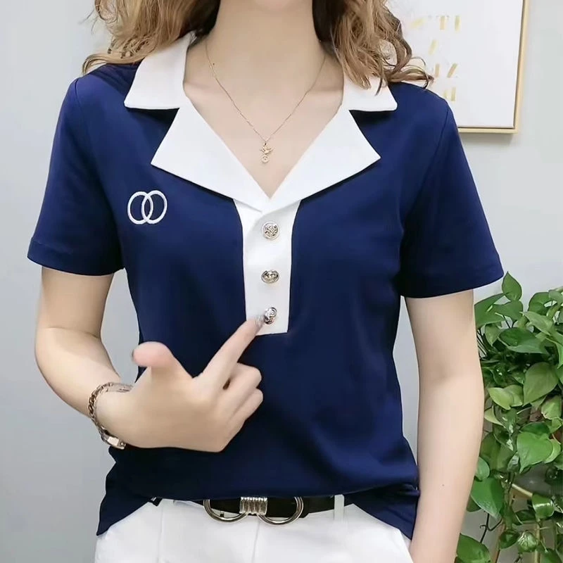 A20宝蓝短袖T恤女休闲西装翻领洋气减龄polo衫时尚显瘦妈妈上衣