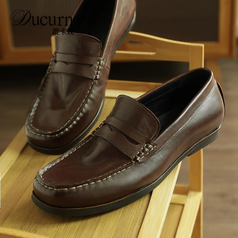 解锁复古圆头套脚固特异小小软皮高贵男生男士黑色皮鞋