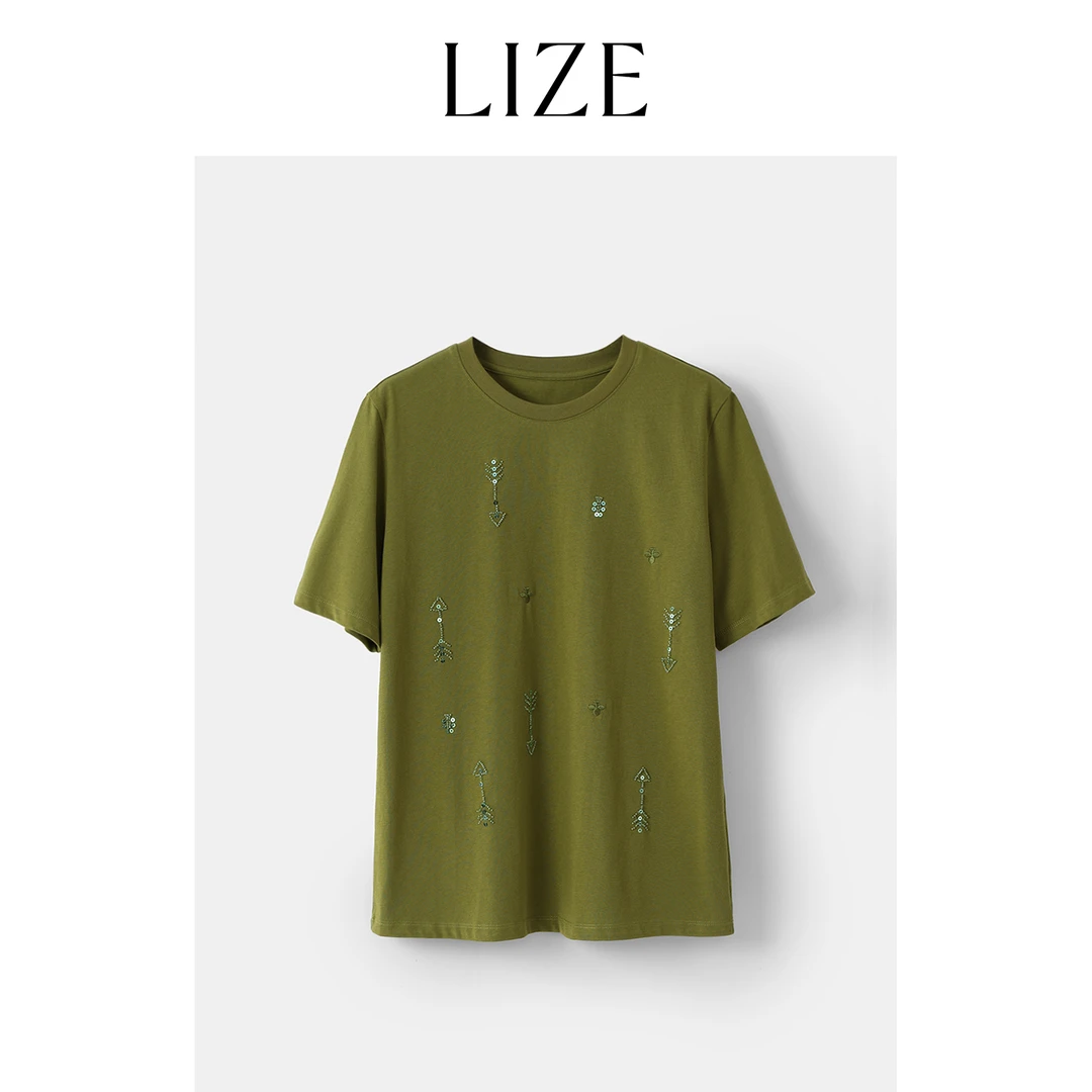 LIZE「鱼骨钻钻T」定纺高支纯棉.手工钉珠亮片.刺绣T恤ZEA0233