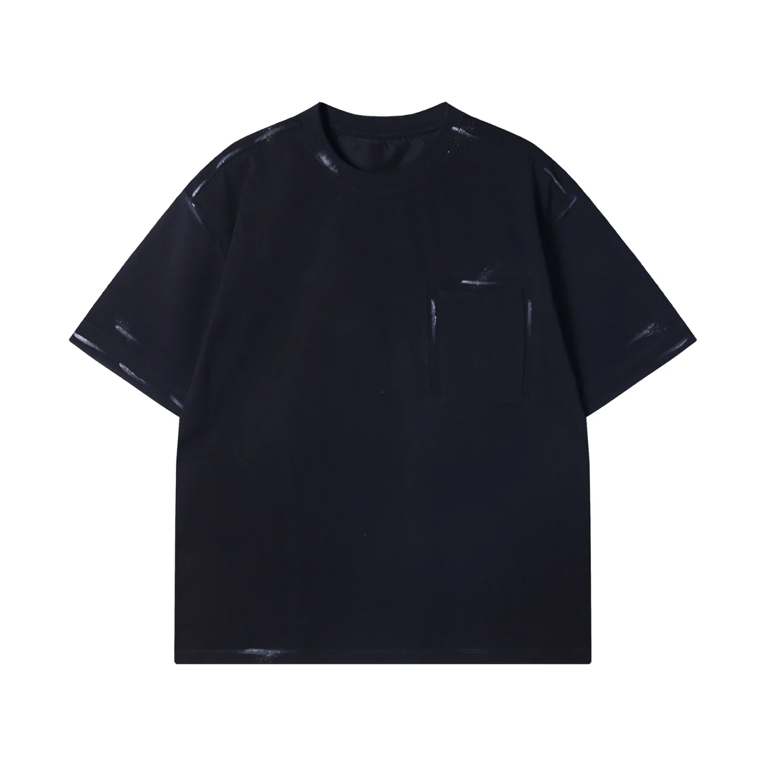 夏季高级感新款韩版撞色手绘圆领短袖T恤百搭情侣简约潮流上衣