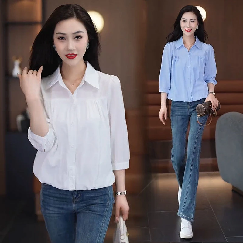 爆款衬衣女宽松遮肚子短款上衣2025春秋装七分袖衬衫设计感打底衫