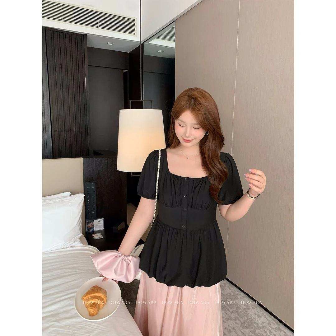 现货8217d大婉酱千千微胖定制 法式花苞方领小衫夏设计感衬衫上衣