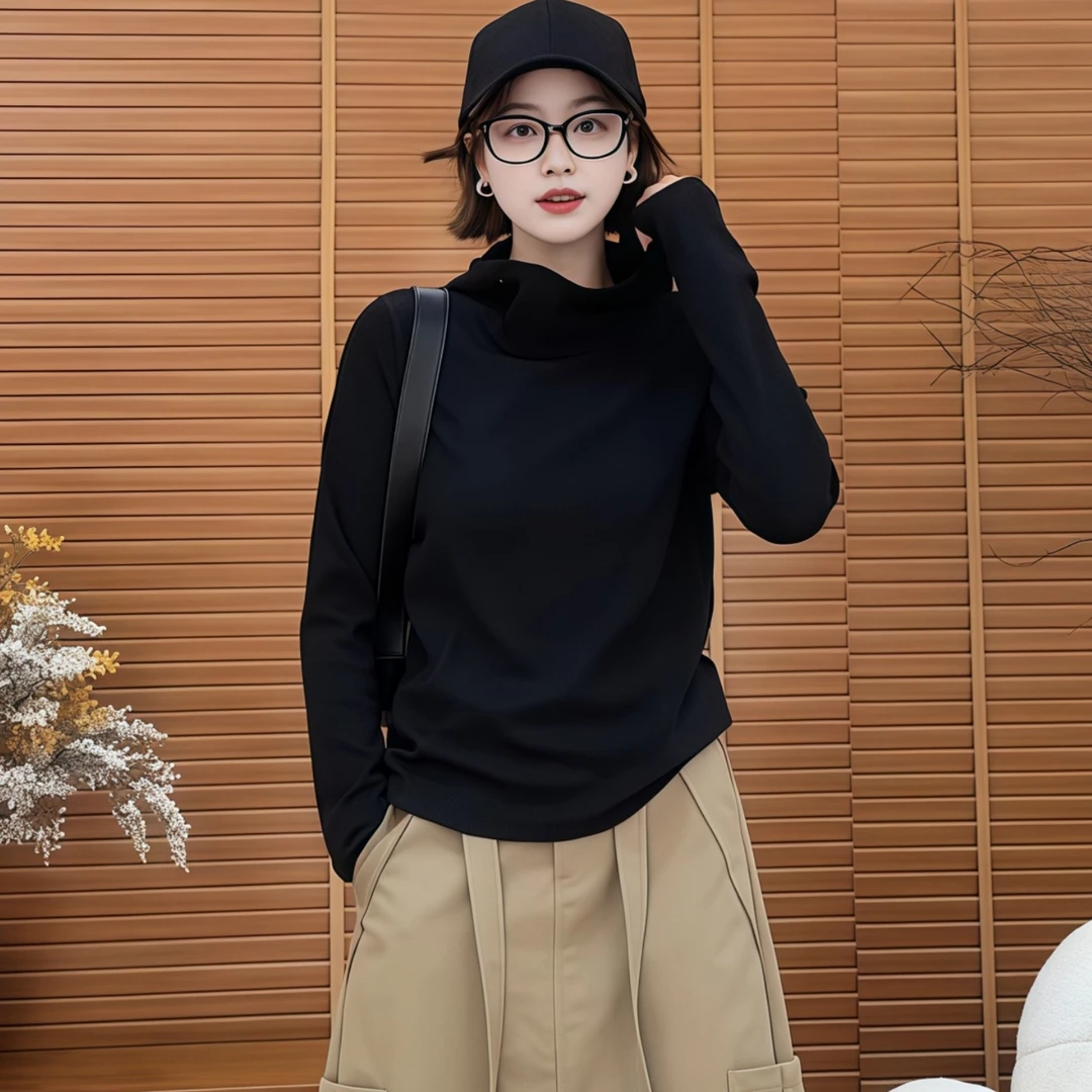 慵懒风休闲连帽长袖T恤女2025秋季大码胖MM修身显瘦打底上衣