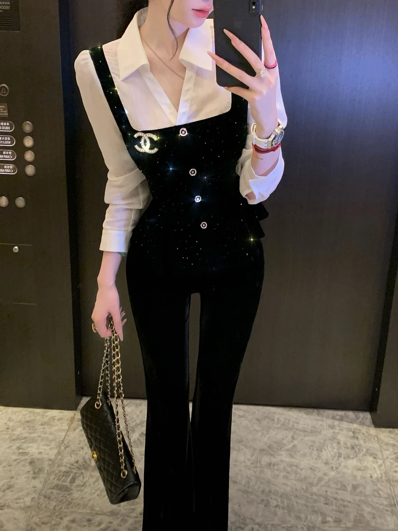 【雅乔定制】高智曲线 黑白撞色烫钻丝绒假两件衬衫女DYHH-25082017