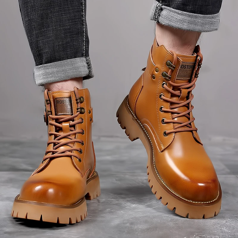 CPOZ大码男鞋男士厚底马丁靴高帮潮流工装鞋耐磨加棉保暖皮鞋