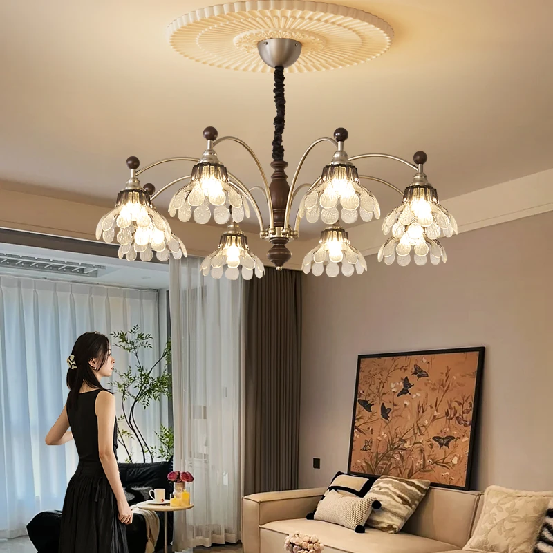 法式中古风客厅吊灯美式复古实木卧室书房大厅高级感玻璃灯罩灯具