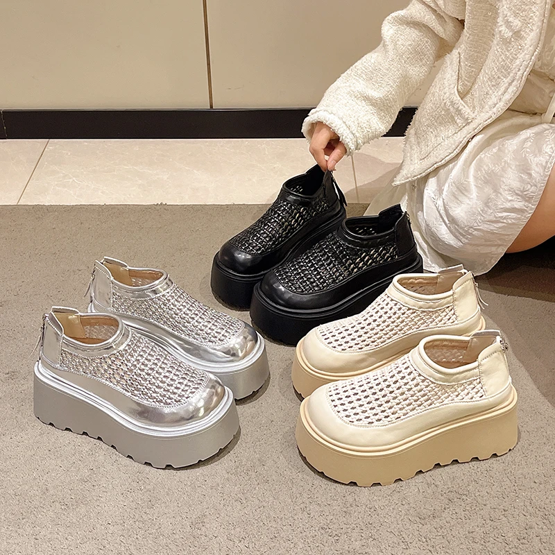 洞洞鞋女款2025新款厚底镂空编织单鞋高级感配裙子后拉链增高凉鞋