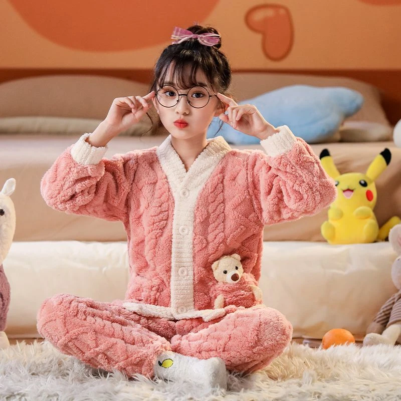 秋冬儿童加绒珊瑚绒睡衣套装中大童宝宝亲子家居服保暖棉质休闲风