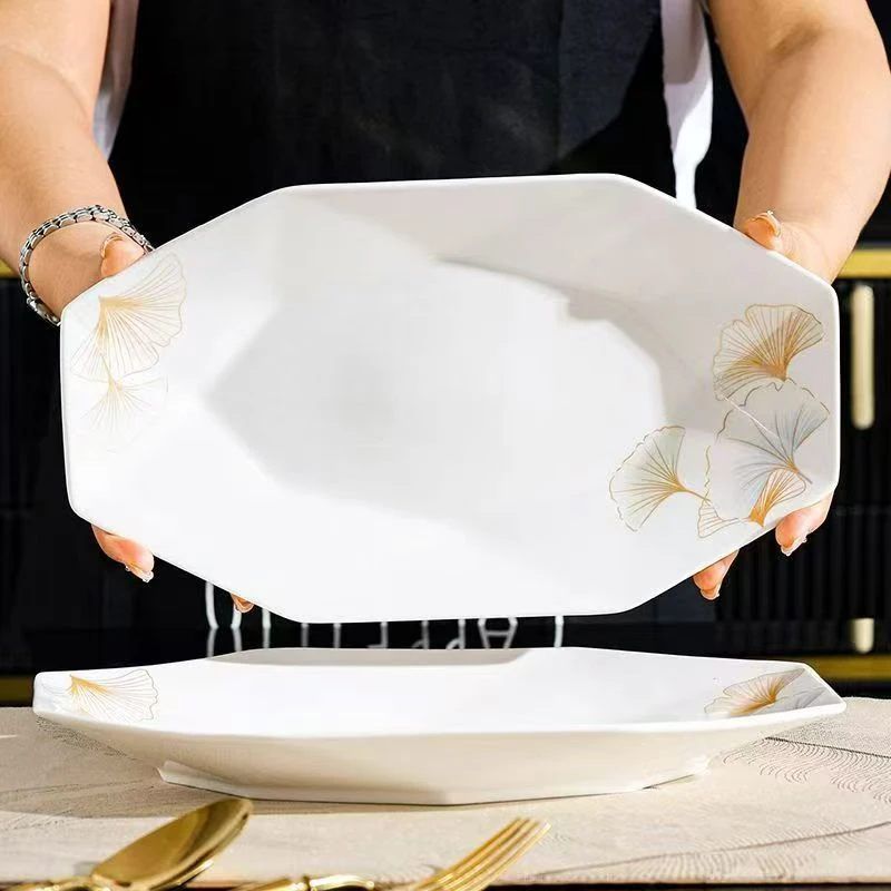 新款12英寸大号银杏钻石鱼盘家用菜盘蒸鱼盘水果盘高颜值餐具