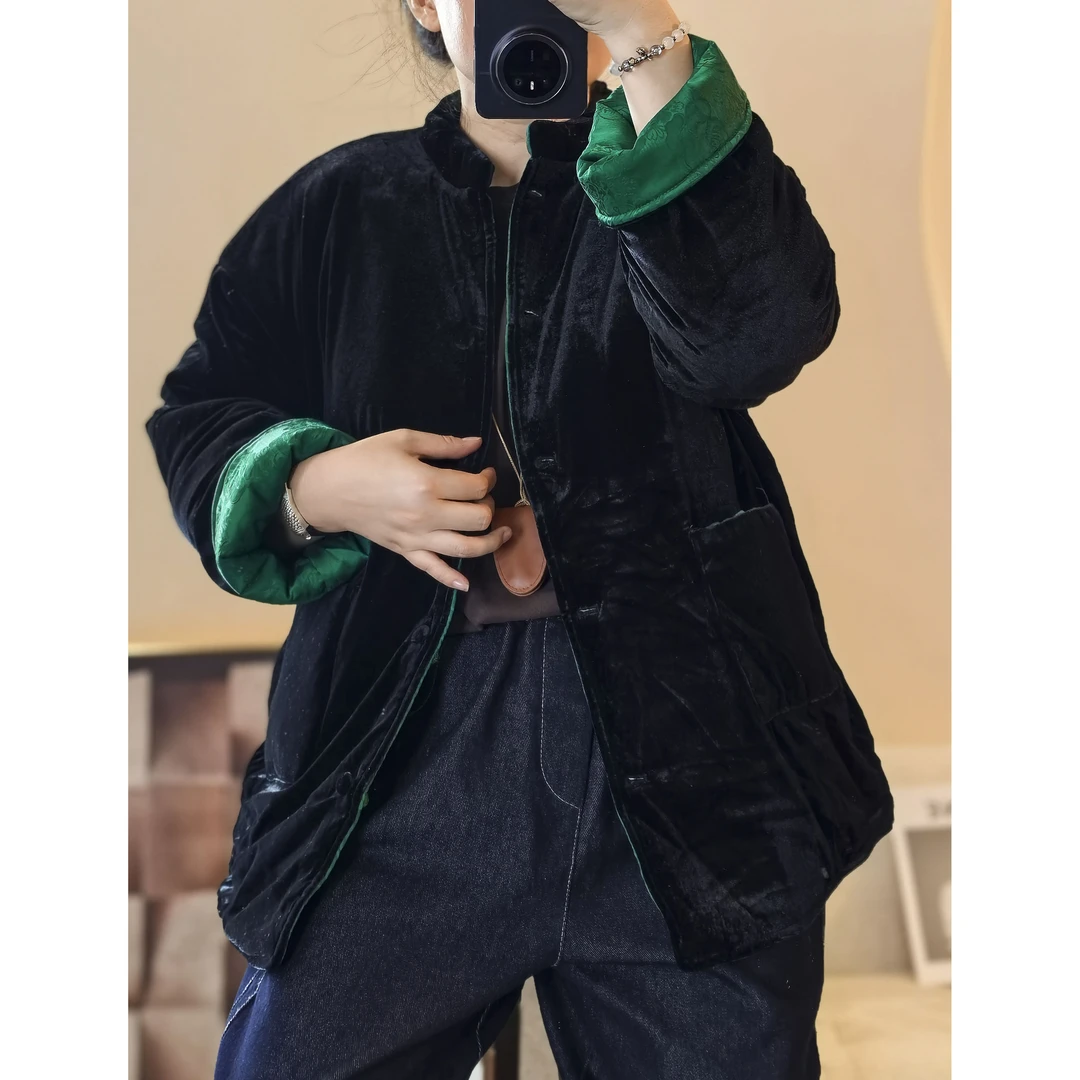 （浅笑）23196 新中式国风两面穿冬季丝绒国潮宽松盘扣加厚棉衣