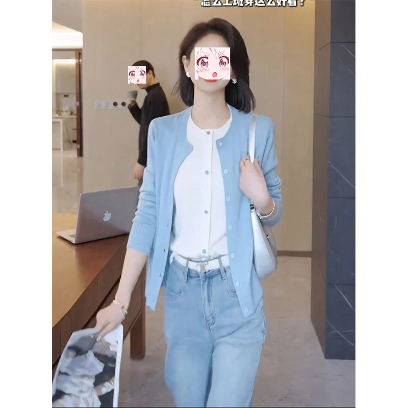 2025秋季氛围感百搭假两件圆领长袖针织开衫气质显瘦撞色毛衣外套