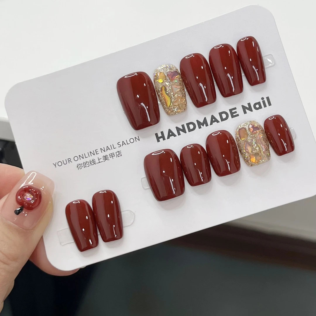 十二甲片纯手工穿戴美甲红色奶茶手工定制穿戴甲可拆卸成品甲片贴