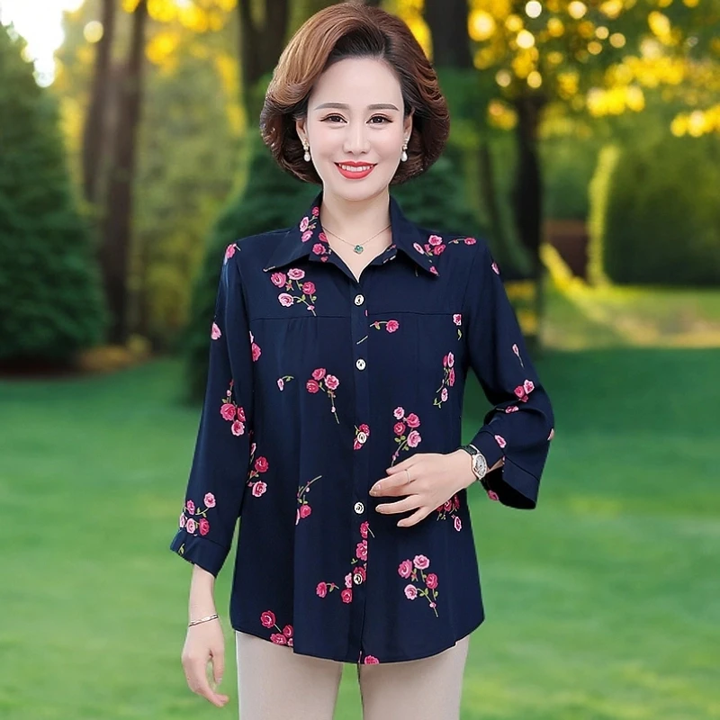 新款妈妈夏装绵绸衬衫中老年女奶奶装加肥加大春装老太太棉绸上衣