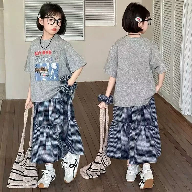 【芽梓制衣】夏季女大童印花短袖T恤+格子半身裙套装25T007