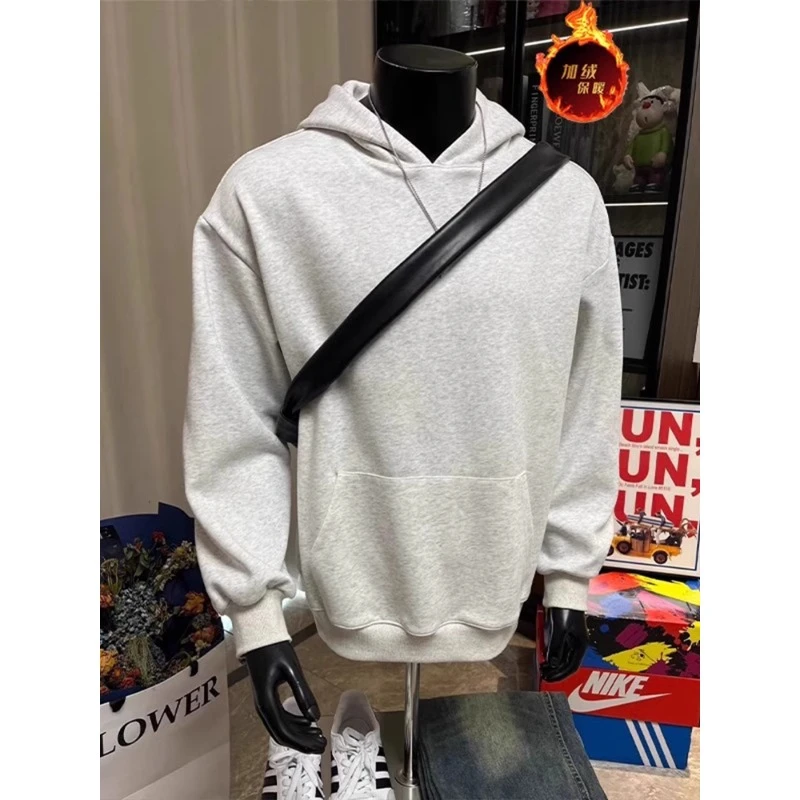 高克重磅加绒白灰色卫衣男款秋冬内搭情侣连帽衫美式cleanfit外套