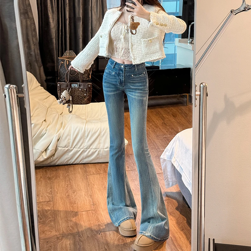 复古高腰微喇牛仔裤女2025年春季新款修身显瘦弹力小个子百搭喇叭
