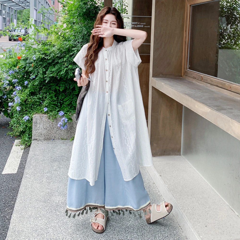 巨好看的夏装一整套夏季米白提花衬衫连衣裙蓝色流苏阔腿裤两件套